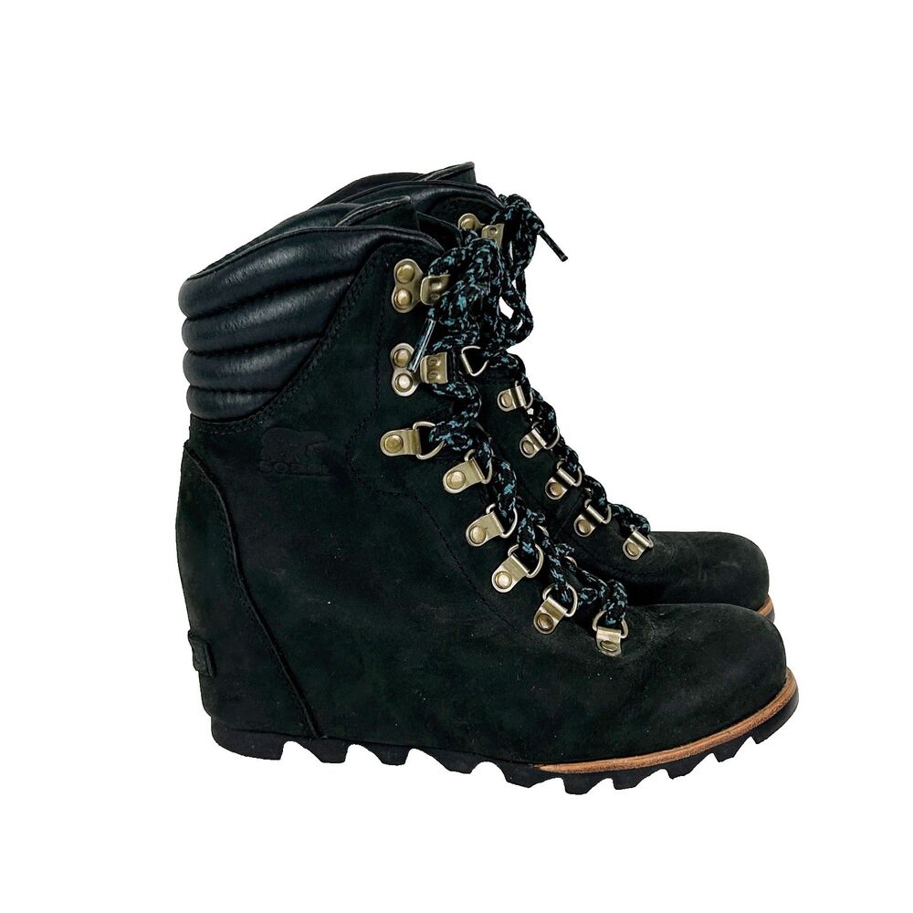 Sorel Conquest Wedge Boots Lace Up Ankle Bootie Snow Rain Hike Black Leather 8.5